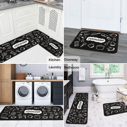 Fuoxowk Cooking Theme Kitchen Mat and Rug Set-Kitchen Rugs and Mats Non Skid Washable,Floor Cushion Waterproof Rug,Rubber Backed Area Rugs for Kitchen Sink,Laundry Room,Indoor Floor,Black&White