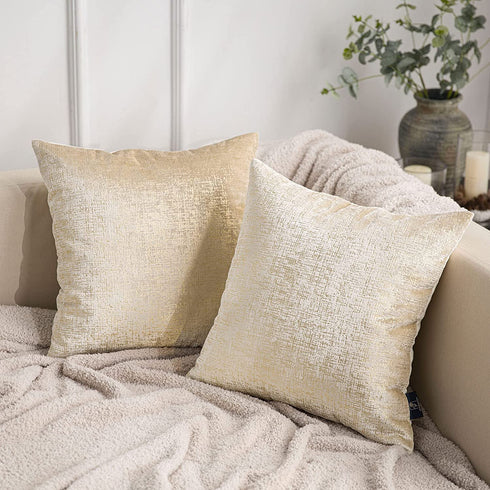 Phantoscope Pack of 2 Sparkling Velvet Decorative Throw Pillow Covers Soft Gold Glitter Square Cushion Cover Pillowcase for Couch Bed and Chair, Beige, 18 x 18 inches, 45 x 45 cm