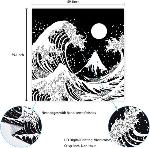 Japanese Wave Tapestry,Kanagawa Great Wave Wall Tapestry, Wave Tapestry with Sun Tapestries, Black and White Tapestry for Room