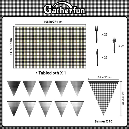 Gatherfun Gingham Black and White Party Supplies Disposable Paper Plates Napkins Cups Knives Spoons Forks Tablecloth Banner for Birthday Party Family Dinner Picnic Graduation Party, Serve 25