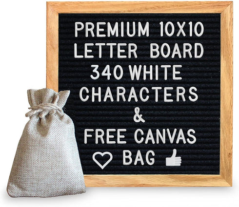 10 x 10 Premium Solid Oak Framed Changeable Letter Board, with Free Canvas Bag, 340 Characters (340 White)