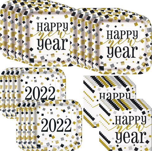 Unique 2022 Black Gold & Silver New Year Dinnerware Party Bundle | Square Dinner & Dessert Plates, Dessert Napkins | Decorations NYE Disposable Table Paper Set Supplies