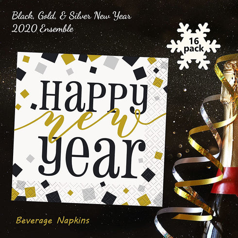 Unique 2022 Black Gold & Silver New Year Dinnerware Party Bundle | Square Dinner & Dessert Plates, Dessert Napkins | Decorations NYE Disposable Table Paper Set Supplies