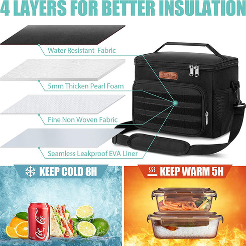 Insulated Lunch Box for Men Women - Leakproof Reusable Lunch Bag with MOLLE Webbing for Office Work School Picnic Gym, Freezable Cooler Tote Bag with Adjustable Shoulder Strap for Tactical Adult/Kids