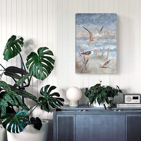 Ocean Beach Canvas Wall Art for Bedroom Abstract Seaside Seagull Seascape Painting Coastal Picture Perching Bird by The Sea Shore Framed Artwork for Bathroom Living Room Office Decor 16x24inch