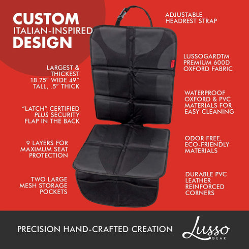 Lusso Gear Car Seat Protector for Baby Car Seat - Thick Padding, 2 Mesh Storage Pockets, Waterproof, Protects Fabric or Leather Seats, Non-Slip Padded Backing (Black with Red Stitching)