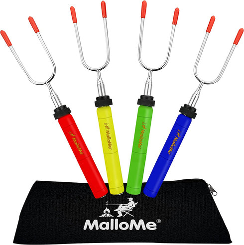 MalloMe Premium Marshmallow Roasting Sticks Set of 4 Smores Skewers & Hot Dog Fork 34 Inch Rotating Extending Patio Fire Pit Camping Cookware Campfire Cooking Kids Accessories Bonus Bag & Ebook