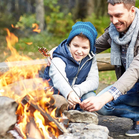 MalloMe Premium Marshmallow Roasting Sticks Set of 4 Smores Skewers & Hot Dog Fork 34 Inch Rotating Extending Patio Fire Pit Camping Cookware Campfire Cooking Kids Accessories Bonus Bag & Ebook