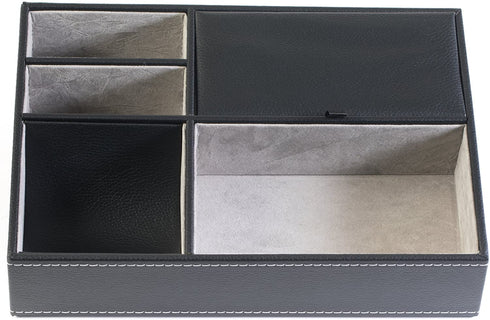 HUJI Men's Black Leatherette Valet Jewelry Tray Display Showcase Insert Liner Organizer 5 Compartments Desk Car Home Dresser Keys Phone Wallet Coins