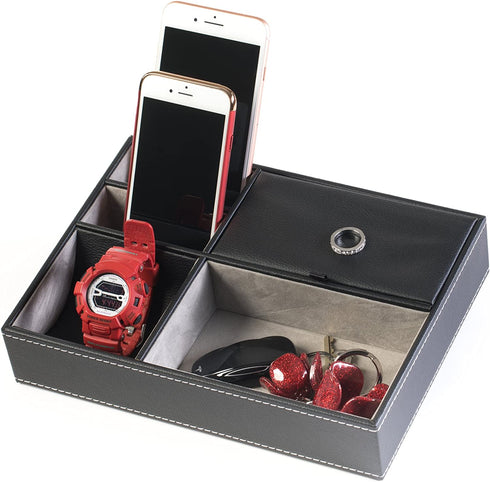 HUJI Men's Black Leatherette Valet Jewelry Tray Display Showcase Insert Liner Organizer 5 Compartments Desk Car Home Dresser Keys Phone Wallet Coins