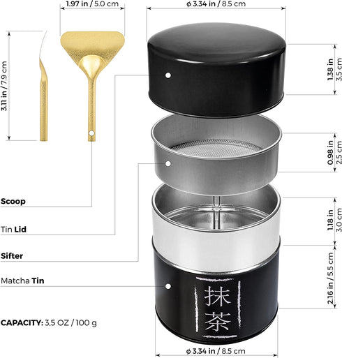 Tealyra - Matcha Plated Aluminum Tin and Stainless Steel Mesh Sifter and Scoop - Matcha Green Tea Strainer Can - Removable Sifter Part - Make Perfect Matcha - Holds Up To 113g (4-ounce)