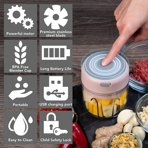Kitcheon Electric Garlic Chopper-Mini Food Chopper (250 ML)-Kitchen Mini Garlic Chopper,Mincer,Crusher,Grinder,Slicer-Hand Kitchen Dicers for Ginger,Onion,Chili,Spices,Veggies