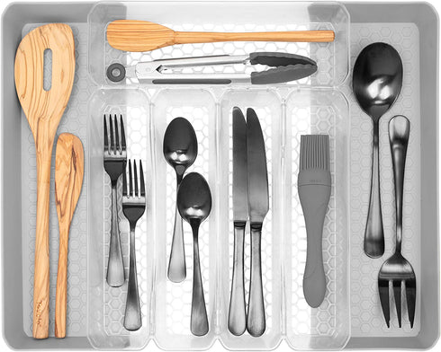 Spectrum Hexa 5-Divider Expandable Silverware Tray, Buildup-Resistant Kitchen Drawer Organizer & Utensil Holder With Locking Expandable Wings, Easy-to-Clean Modern Kitchen Storage & Cutlery Tray Clear