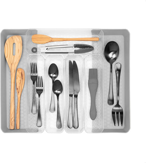 Spectrum Hexa 5-Divider Expandable Silverware Tray, Buildup-Resistant Kitchen Drawer Organizer & Utensil Holder With Locking Expandable Wings, Easy-to-Clean Modern Kitchen Storage & Cutlery Tray Clear
