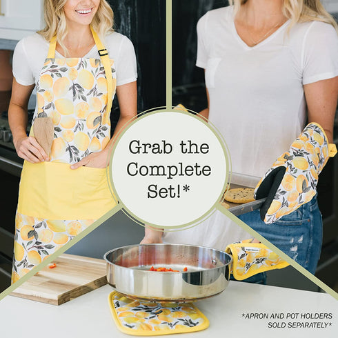 Sage+Stitch Heat Resistant Designer Kitchen Oven Mitts with Neoprene Non-Slip Grips and Hanging Loops | Set of 2 100% Cotton Long Sleeve Kitchen Oven Mitts | 5.5" x 12" | Yellow Lemons