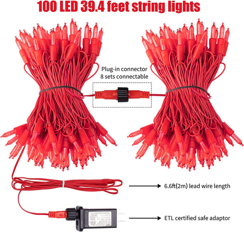 Red Mini Christmas Lights - 39 Feet 100 LED Fairy Lights with 8 Lighting Modes Waterproof Connectable for Indoor Outdoor Xmas Tree Garland Wreath Holiday Valentine's Day Decoration