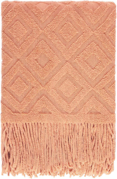 BRSnugU Throw Blanket for Couch,Warm & Cozy Fluffy Acrylic Knitted Bed Throws with Tassels for Sofa,Decor,Travel,All Seasons Suitable for Adults and Kids,50"x60",Coral
