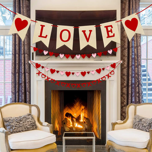 4Pcs Valentines Day Decorations Valentine's Day Decor Set Felt Love Heart XO Garlands Banner for Engagement Wedding Party Home Classroom Office, No DIY Required