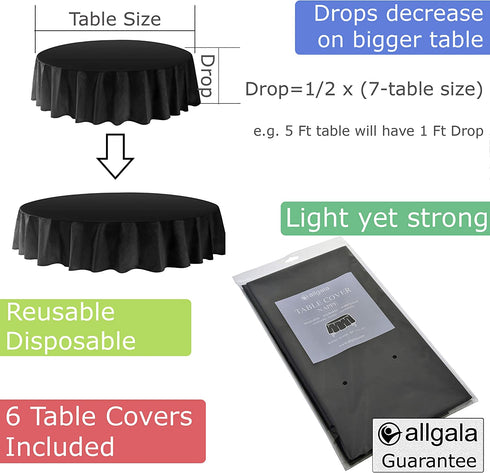 Allgala 6-Pack Premium Plastic Table Cover Medium Weight Disposable Tablecloth-6PK Round 84"-Black-TC58602