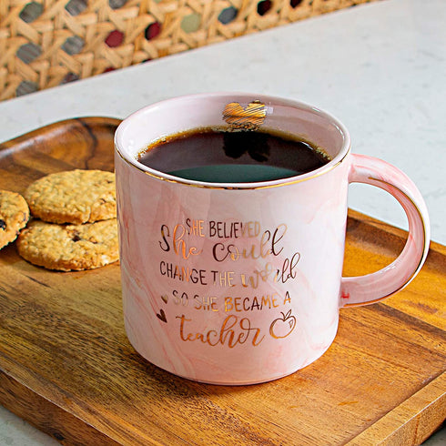 Vilight New Teacher Graduation Gifts for Women - She Believed She Could So She Became A Teacher Mug - Pink Marble Coffee Cup 11 Oz