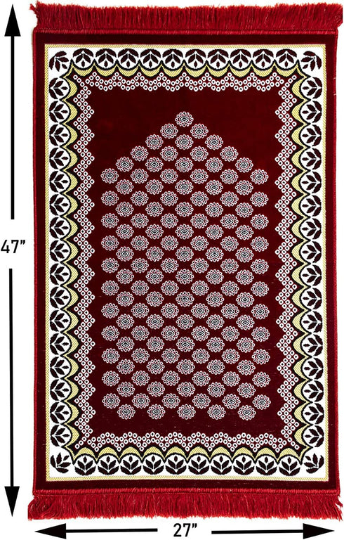 Modefa Prayer Rug Free Prayer Cap & Beads - Thin Velvet Namaz Sajadah Janamaz Floral Daisy Arch (Red)