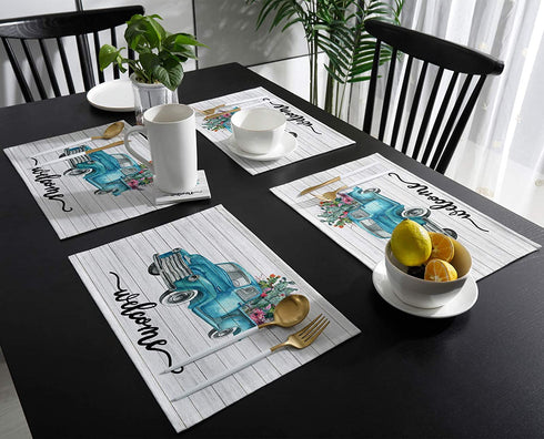 Placemats for Dining Table Cactus with Blue Truck Table Mats Tropical Plants Wood Grain Table Decoration Holiday Banquet Kitchen Dining Non Slip Washable, Set of 4
