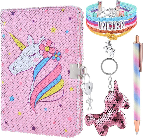 Magic Unicorn Notebook Set - Sequins Journals Unique Gift for Girls Travel School Office Notepad Memos A5 Diary Notebooks Unicorn Gel Pen Bracelet Key-chain with Locks and Keys