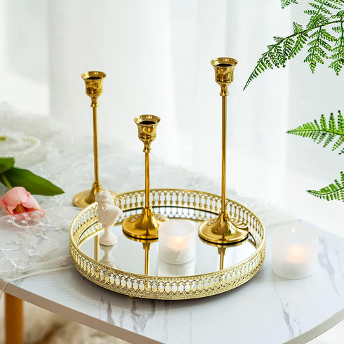 Romadedi Candlestick Holder Gold Candle Holder Brass Set of 3 Decorative Candle Holder for Taper Candle for Fireplace Mantel Dinning Table Home Wedding Decorations Gold 1 Set