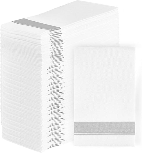 PARTY BARGAINS Disposable Linen-feel Paper Guest Towels - (100 Pack) 13" x 16" White w/Silver Print Cloth-like Paper Hand Towels for Bathroom, Soft, Durable Paper Napkins for Dinner, Wedding & Party