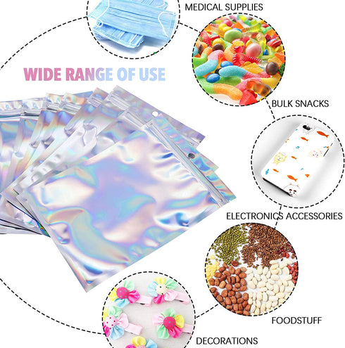 100 Counts Resealable Smell Water Proof Bags Foil Pouch Bag Flat Ziplock Bag with Clear Window for Party Favor Food Storage Gifts Bags Goodie Bag Holographic Color, 5.5 x 7.8 Inches