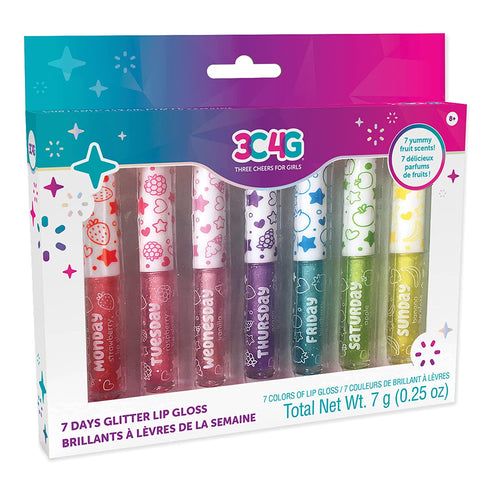 Three Cheers for Girls by Make It Real - 7 Days Glitter Lip Gloss - Flavored Lip Gloss Set for Girls - Strawberry, Raspberry, Vanilla and More! - 7 Piece Lip Gloss Kit