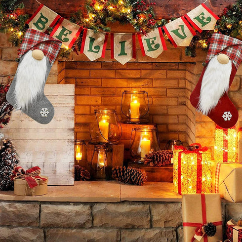 Sucpur 2Pcs Christmas Stocking, 17.7x7.87inch Beard Plaid Red Grey Faceless Doll Christmas Stocking Rudolph Print Xmas Stockings Sock Gift Bag Pendant Stocking Hot Snowman Decorations