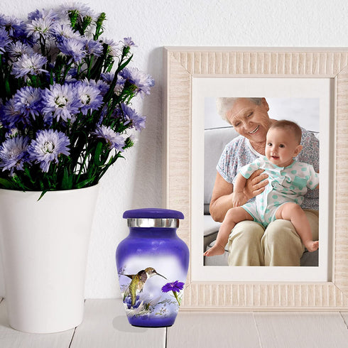 Hummingbird Keepsake Urn Purple - Mini Cremation Urn with Premium Box & Bags - Memorial Urn for Human Ashes - Honor Your Loved One with Small Purple Urn - Perfect Bird Urn for Adults & Infants