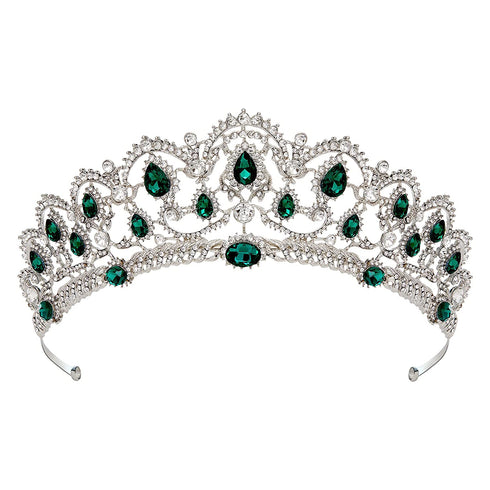 SWEETV Vintage Crystal Wedding Crown for Women, Green Rhinestone Queen Tiara Bridal Hair Accessories, Emerald