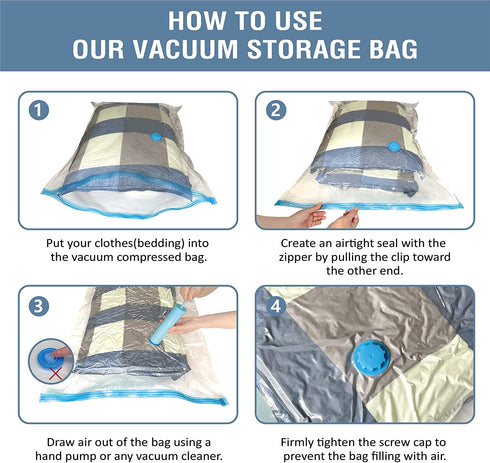 12 Pack Vacuum Storage Bags, Space Saver Bags (2 Jumbo/2 Large/2 Medium/2 Small/4 Roll) Compression Storage Bags for Comforters and Blankets, Vacuum Sealer Bags for Clothes Storage, Hand Pump Included