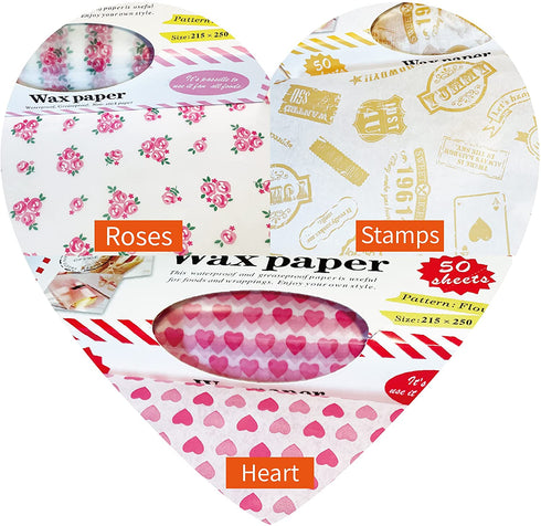 Suiwen 3-Pack (150pcs) Wax Paper, Food Picnic Paper, Greaseproof Paper ,Waterproof Dry Hamburger Paper Liners Wrapping Tissue for Plastic Food Basket (Rose, Heart, Stamp)