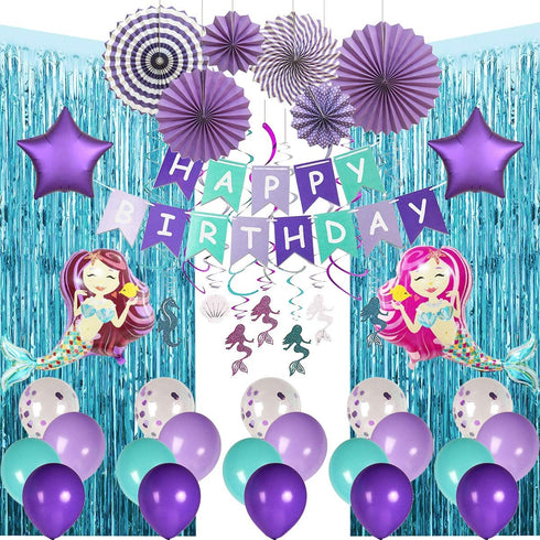 Mermaid Party Supplies, 50 pcs Mermaid Party Favors - Banner, Balloons, Hanging Swirl, Foil Curtains, Paper Fans, Sea Theme Decorations for Girl's Party and Baby Shower Party