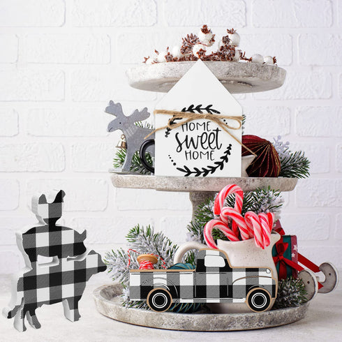 R HORSE 3Pcs Wooden Farmhouse Buffalo Plaid Tiered Tray Decoration Black& White Plaid Rustic Farmhouse Tray Sign Double Printed Farmhouse Shelf Buffalo Plaid Decor for Christmas New Year Photo Prop