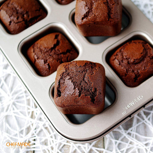 CHEFMADE Brownie Cake Pan, 6-Cavity Non-Stick Square Muffin Pan Blondie Bakeware for Oven Baking (Champagne Gold)