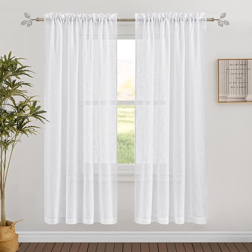 RYB HOME Semi Sheer Curtains - Natural Linen Blend Privacy Sheer Drapes Light Glare Filtering for Living Room Bedroom Bathroom Dining Cafe, White, Width 52 inch x Length 72 inch, 1 Pair