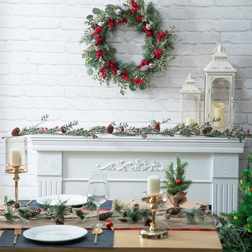 LOHASBEE Artificial Christmas Garland, 5 Feet Pine Cone Boxwood Garland with Red Berries, Bells Glitter for Christmas Indoor Outdoor Garden Gate Front Door Home Wall Window Stair Decor