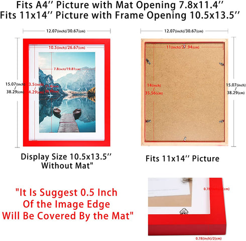 11x14 Picture Frames Red Display Picture Frame A4 Solid Wood with Mat Wooden Photo Frame for Wall Hanging or Table Top Home Decoration-11x14 Red(1 Pack)