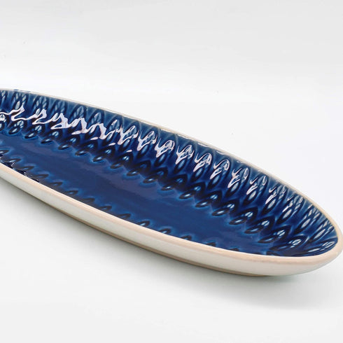 Euro Ceramica Peacock Collection Crackleglaze Serveware Trays/Platters, 13" Oval Appetizer, Feather Geometric Pattern, Blue
