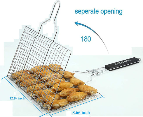 AIZOAM Portable Stainless Steel BBQ Barbecue Grilling Basket for Fish,Vegetables, Shrimp,and Small Flat Sea Food .Great Useful BBQ Tool.-Bonus Additional Sauce Brush and 50 Natural Bamboo Skewers €‘