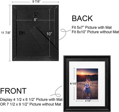 Upsimples Home 8x10 Picture Frame, Real Glass and Composite Wood for Wall or Tabletop Display, Display 5x7 Frame with Mat or 8x10 Without Mat, Hanging Hardware Included, Set of 4, Black