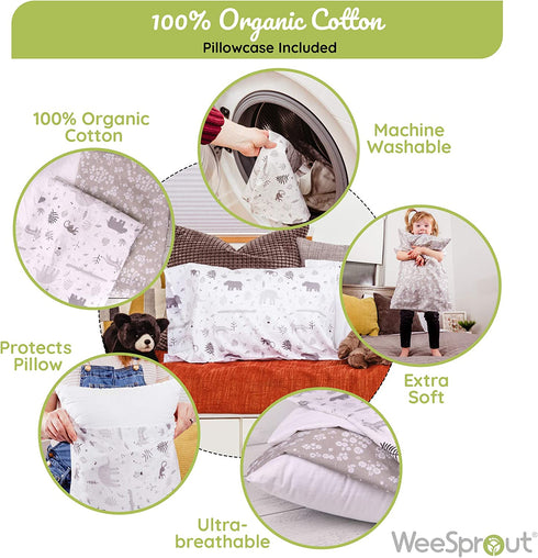 WeeSprout Mini Toddler Pillow for Kids Sleeping - Organic Cotton Shell & Pillowcase with Soft & Supportive Polyfiber Filling Good for Travel, Machine Washable, 18 x 13 x 3, Safari