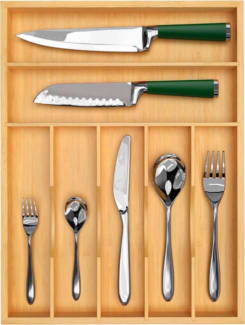 Luxury Bamboo Kitchen Drawer Organizer - Silverware Organizer and Cutlery Tray with Grooved Drawer Dividers for Flatware and Kitchen Utensils (7 Slot, Natural)