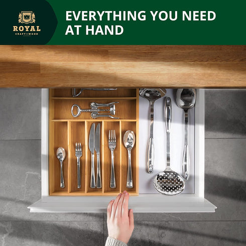 Luxury Bamboo Kitchen Drawer Organizer - Silverware Organizer and Cutlery Tray with Grooved Drawer Dividers for Flatware and Kitchen Utensils (7 Slot, Natural)