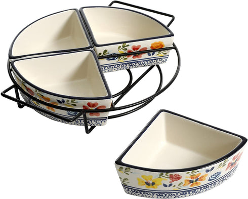 Gibson Elite Hand-Painted Dinnerware Set, 4-Section Tidbit Dish w/Metal Rack, Luxembourg
