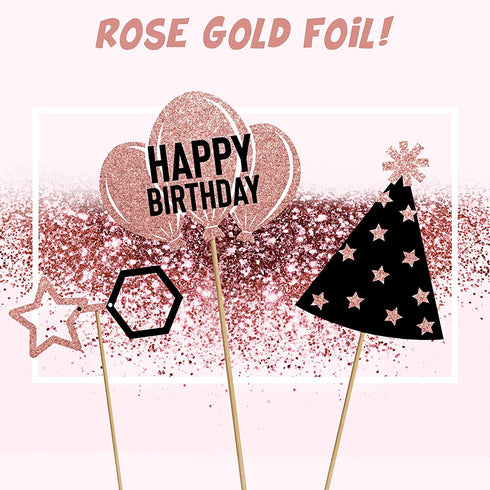 36 Pieces Rose Gold Birthday Photo Booth Props, Large Rose Gold Birthday Party Photobooth Props with Glitter for Girl Woman Birthday Parties Supplies